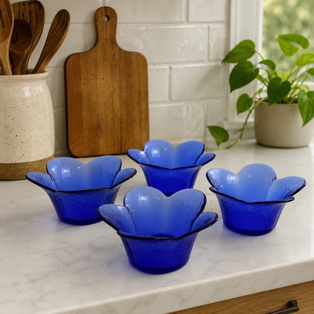 Villeroy &‎ Boch Fiorina Blue Crystal Set 4 Flower Fruit Dessert Bowls
